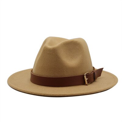 Fedora hoeden voor mannen, effen, formele kleding, kerk, bruiloft, brede rand, vilten hoed, winter, herfst, kaki, beige, riem, gesp, jazzpet voor mannen: Kameel