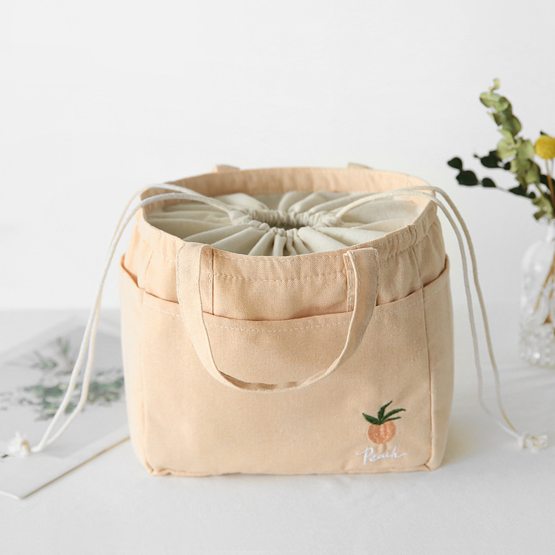 Japanese Cute Drawstring Pocket Stitch Thermal Lunch Bag for Kids Fruit Embroidery Handbags Portable Lunch Box ToteBags: SKY BLUE