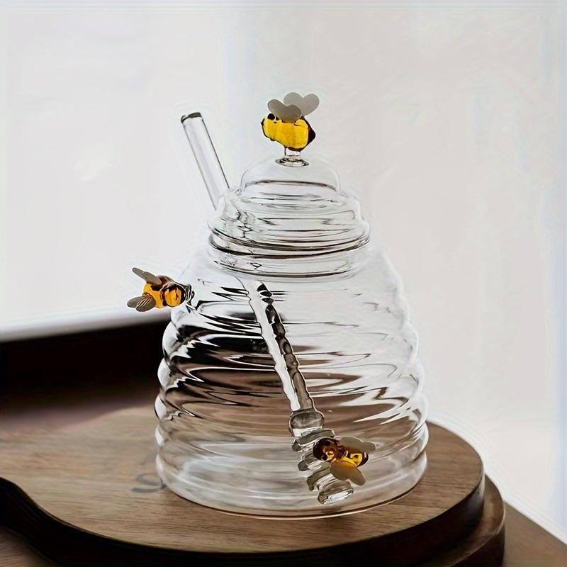Glass Honey Jar with Dipper & Lid, Cute Bee Decor Honey Pot, 14oz Clear Glass Honey Container for Kitchen