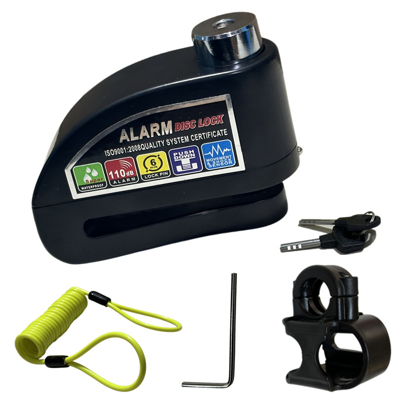 Blocco allarme moto impermeabile Blocco antifurto di sicurezza per scooter bici Blocco freno a disco moto + staffa di blocco + corda promemoria: Black