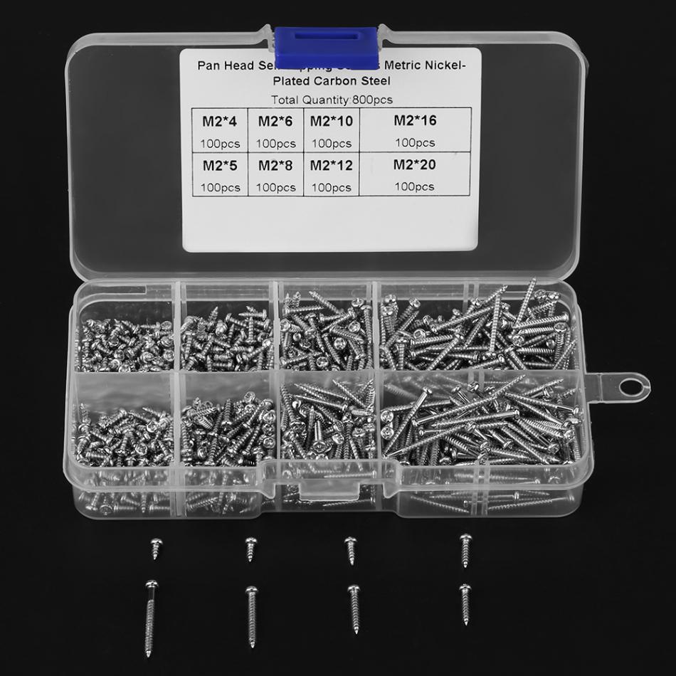 800pcs M2 Cross Drive Pan Head Self-Tapping Screws Woodworking Fastener Assortment Kit with Box Tool