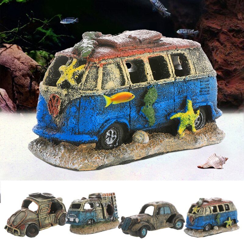 Wreck Car Aquarium Resin Decorations for Fish Tank Aquarium Ornament Simulation Vehicle Cave Hideout for Shrimp Fish