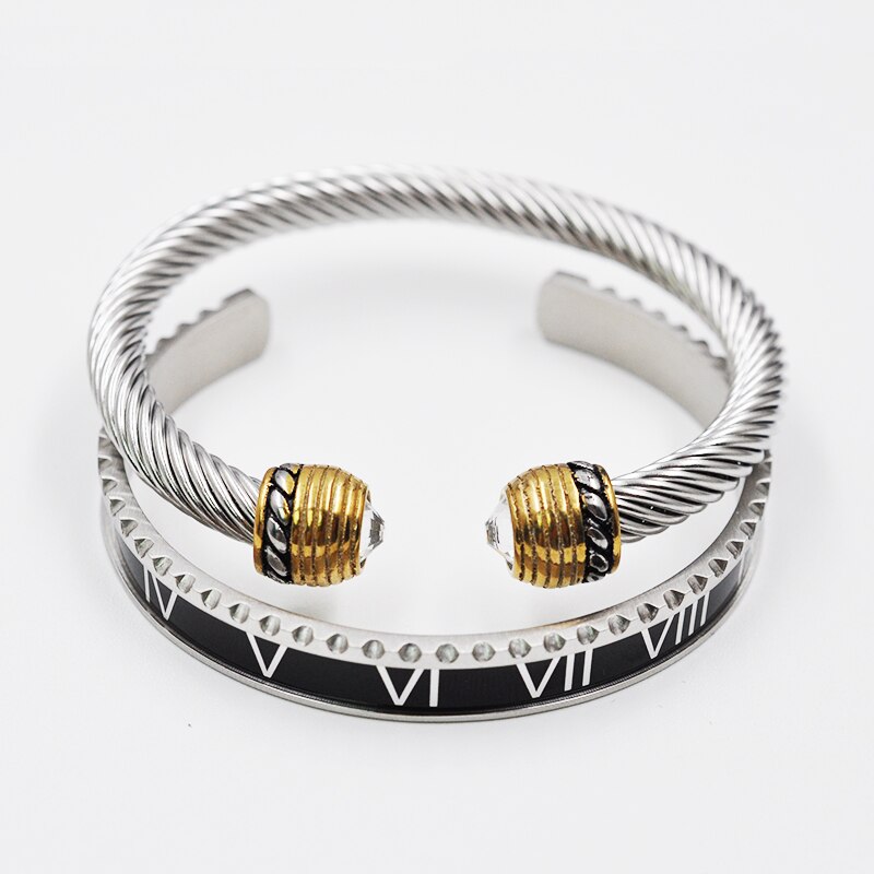 Outdoor Black Roman Numeral Bracelet Men's Cable Wire Rope Bracelet Stainless Steel Men Bangles Punk Street Jewelry Accessories: Set Gold  Black