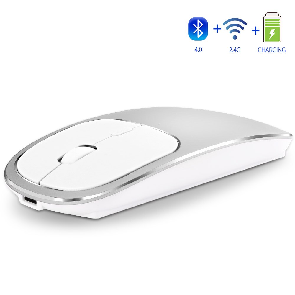 Jelly Comb Rechargeable Bluetooth 4.0+2.4G Wireless Mouse Dual Mode Metal Noiseless Silent Mice for Notebook PC Laptop MacBook: silver