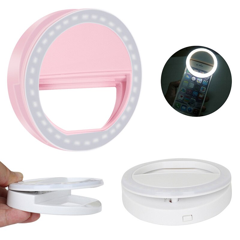 Ledet selfie ring lommelygte passer svagt miljø selvudløser lys værktøj lysende ring klip til enhver mobiltelefon tabletter: Lyserød