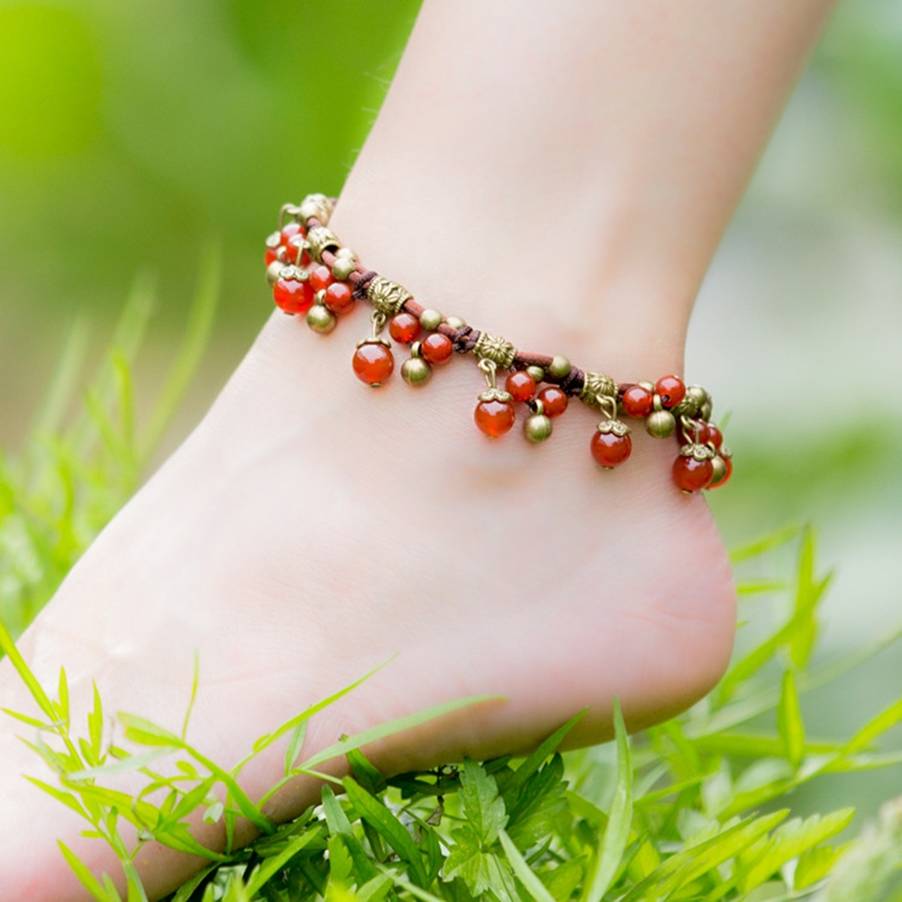 Bracelet de cheville indien en pierre élastique pour femmes, fait à la main, en perles de cuivre, style Boho, pour la plage, bijoux pour le pied