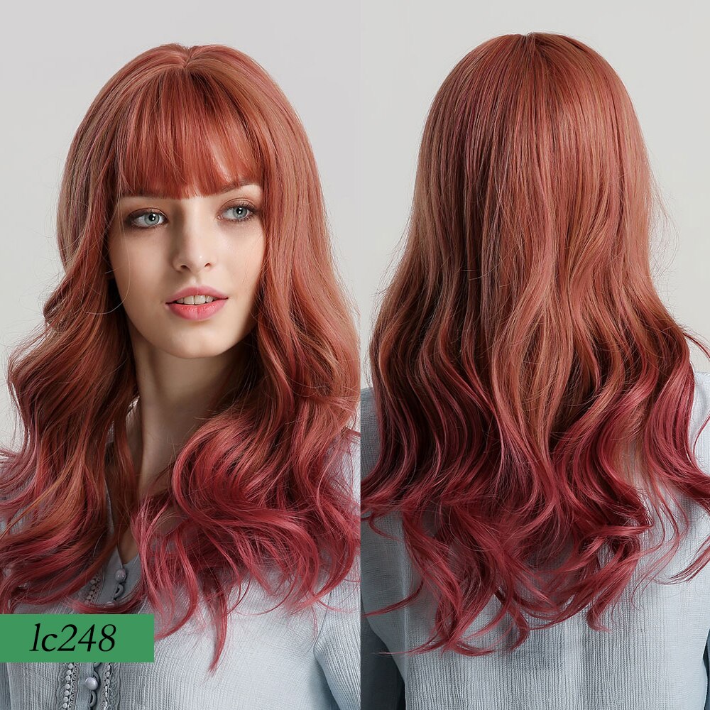 Peluca rubia larga de color marrón con ondas naturales sintéticas y flequillo para fiestas o uso diario: lc248