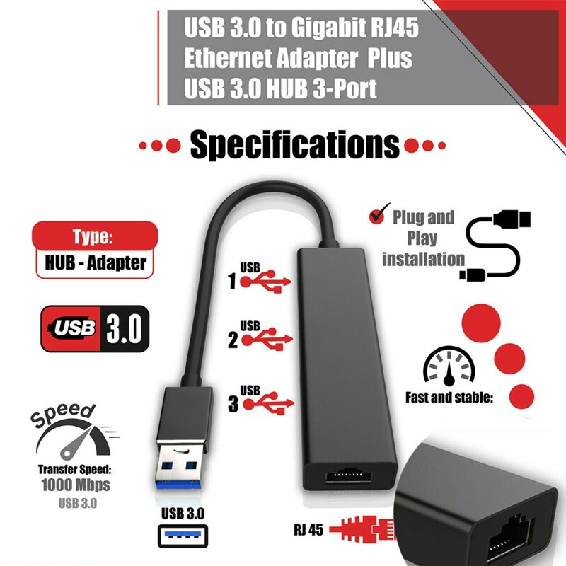 Usb 3.0 gigabit ethernet lan rj45 1000mbps adaptador de rede 3 portas hub para mac pc