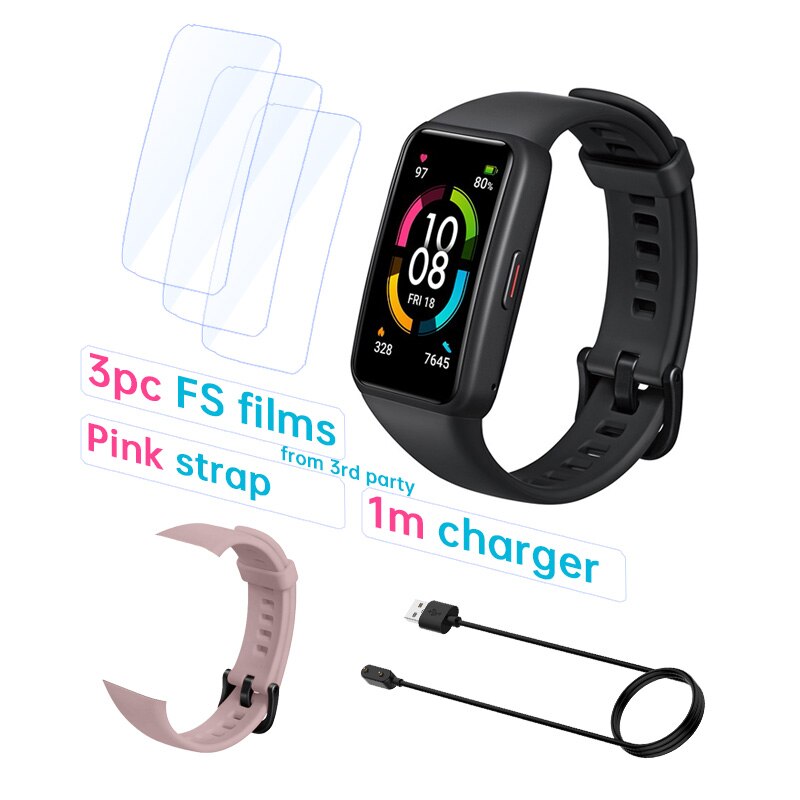 Honor-reloj inteligente Band 6 Original, pulsera con pantalla táctil AMOLED, Monitor de ritmo cardíaco y sueño, oxígeno en sangre, SpO2, resistente al agua: Std B F Cable Pink S