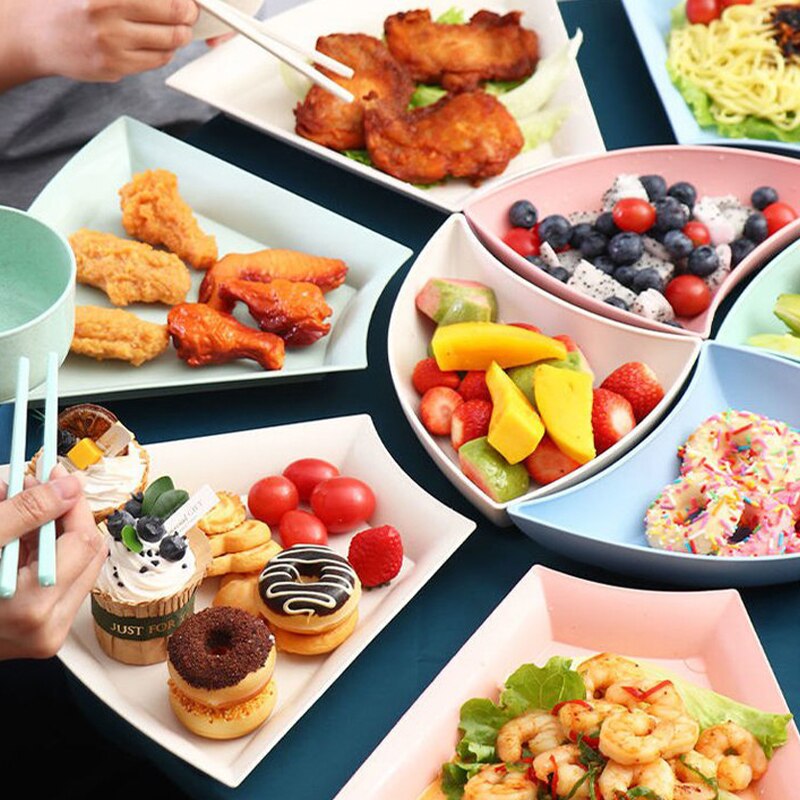 KATA-Juego de platos de paja de trigo para el hogar, vajilla creativa con bandeja para ensalada de frutas, juego de cubiertos, mesa en forma de abanico