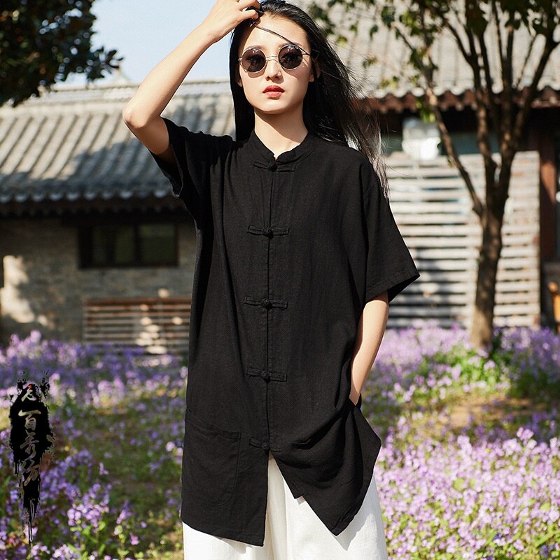 Cotton Linen Chinese Style Clothing Women Summer Blouses Kung Fu Clothes Mandarin Collar Short Sleeve Chinese Top 11771