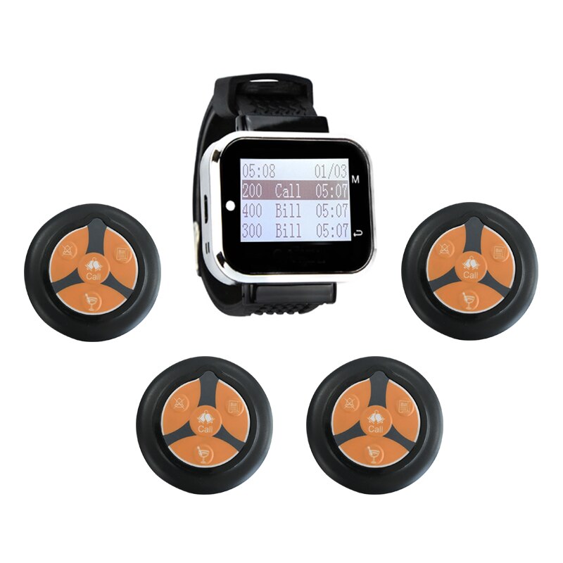 Sistema de llamada inalámbrica para camarero, 1 reloj RECEPTOR + 4 botones superfinos de 4 teclas, transmisor de frecuencia 433,92 para servicio de restaurante: BILL / US