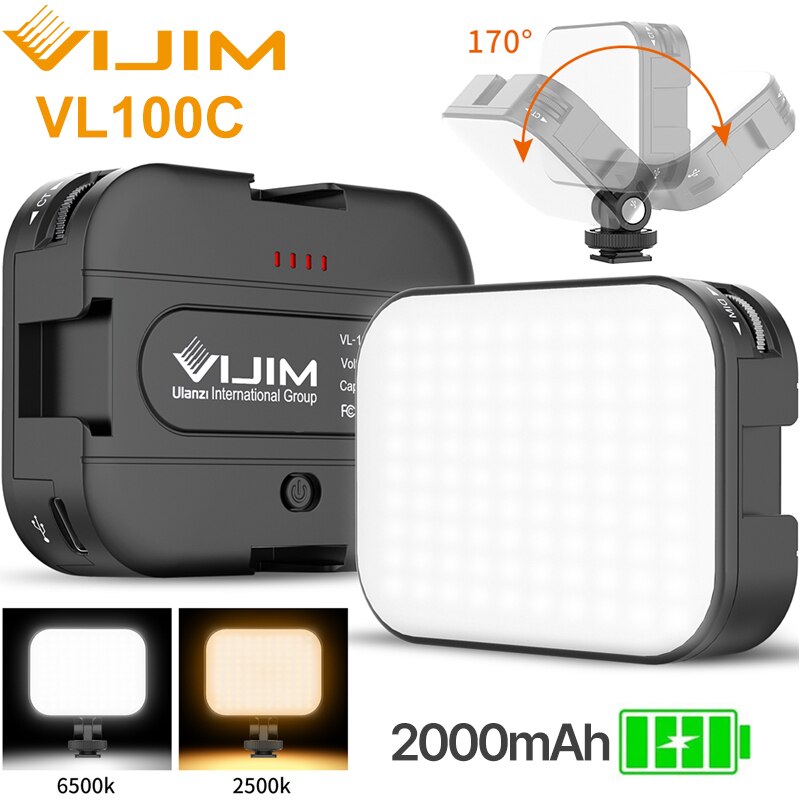 Ulanzi VL100C Led Video Light 3200K-6500K 170 ° Verstelbare Balhoofd Koude Schoen Vlog Vullen Licht 2000mah Batterij Camera Licht Lamp