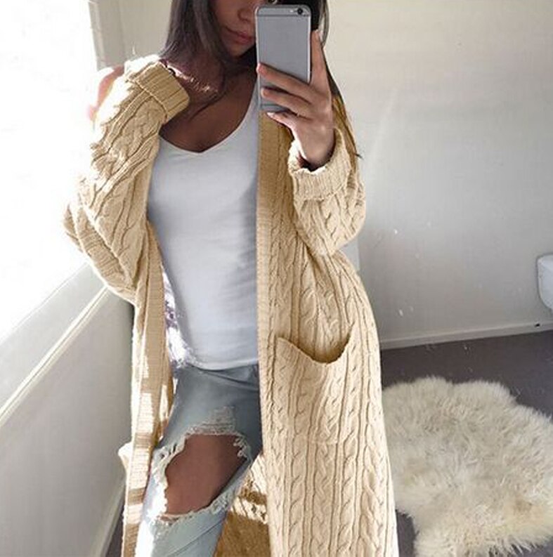 femmes tricoté gros Cardigan pull ouvert avant poche manteau hiver décontracté Long pull manteau veste hauts: Beige