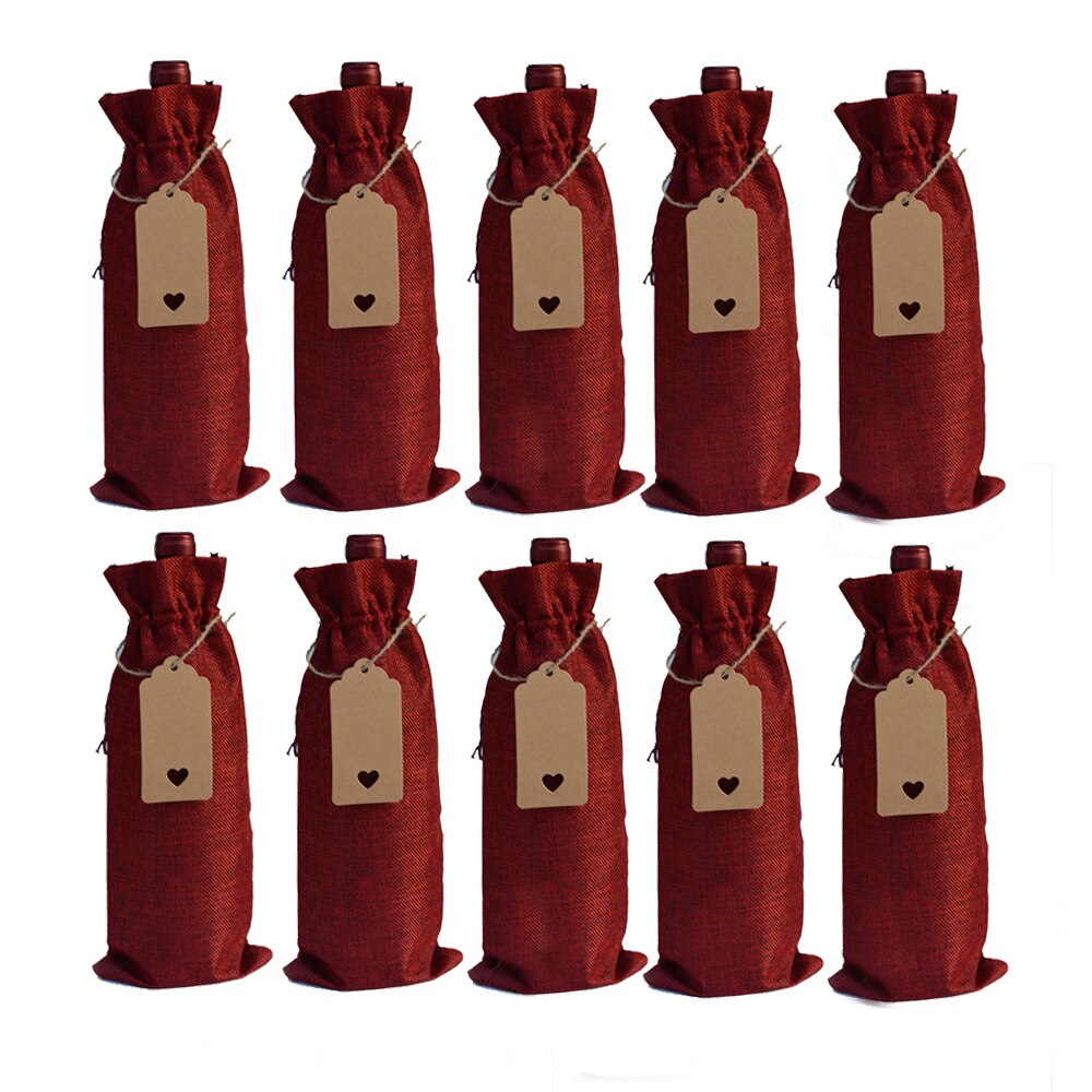 10 pcs/lot bouteille de vin couvre cordon sac avec étiquette coeur ensemble toile de jute pochettes en lin pour noël mariage décoration sac de rangement: Wine Red