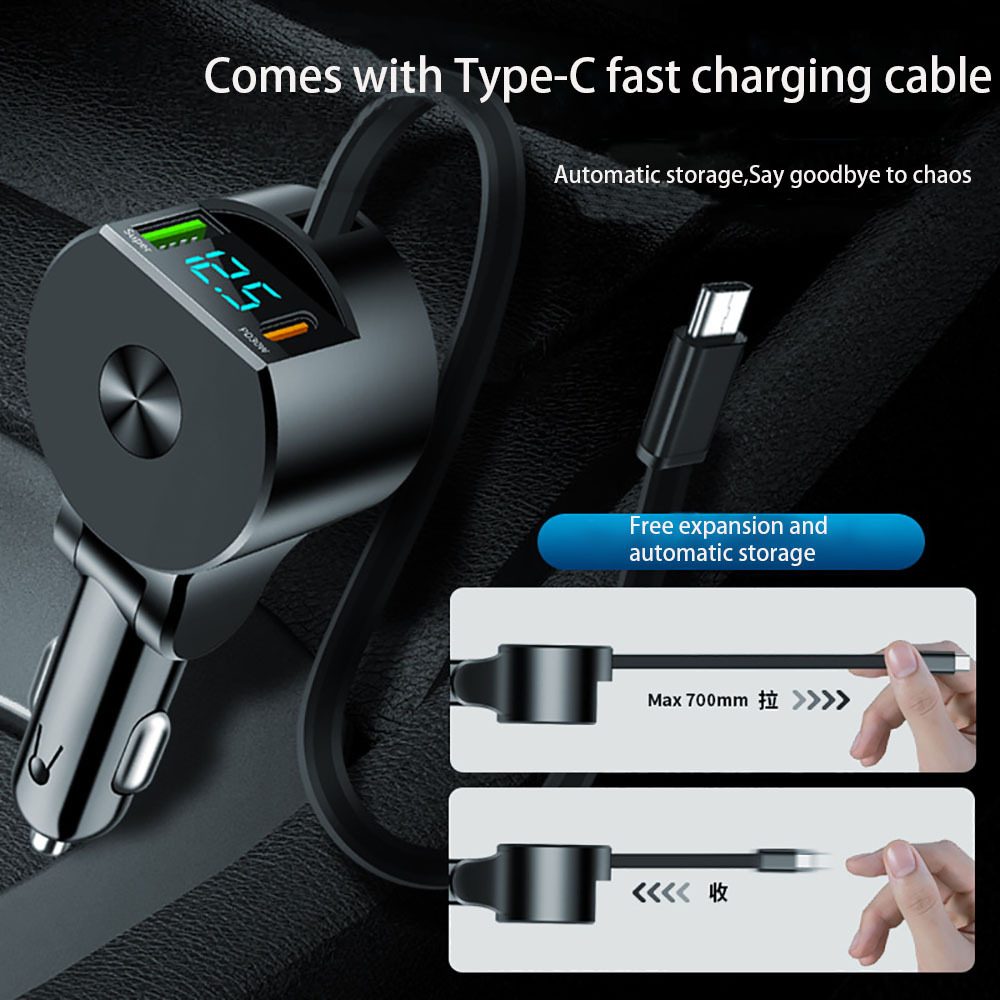 Autolader met spanningsdetectie, supersnel verstelbare 3-in-1 intrekbare telefoonoplader, USB QC3.0 Type C PD USB C snellader