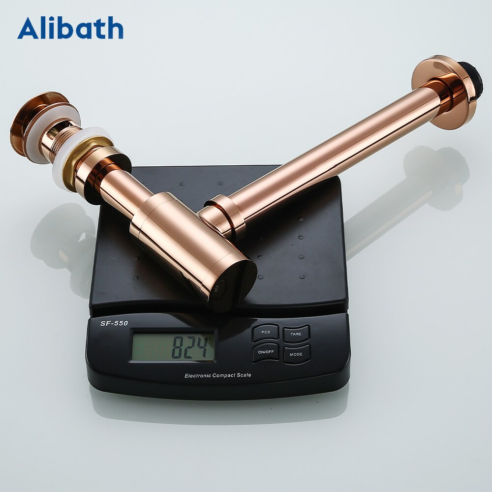 Rose Gold Fles Val Ronde Sifon Massief Messing P-TRAP Badkamer Ijdelheid Wastafel Pipe Afval Messing Pop Up Afvoer Met Over flow.