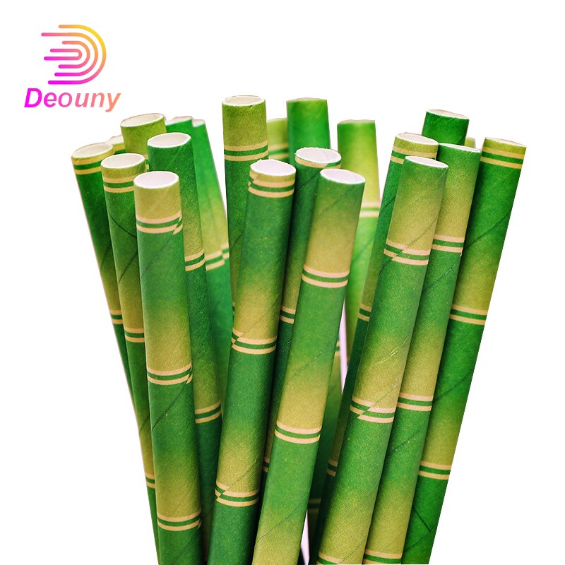 Deouny 25 stuks/partij groene bamboe papieren rietjes bruiloft decoratief evenement tropische feestbenodigdheden drinkrietjes buizen bar accessoires