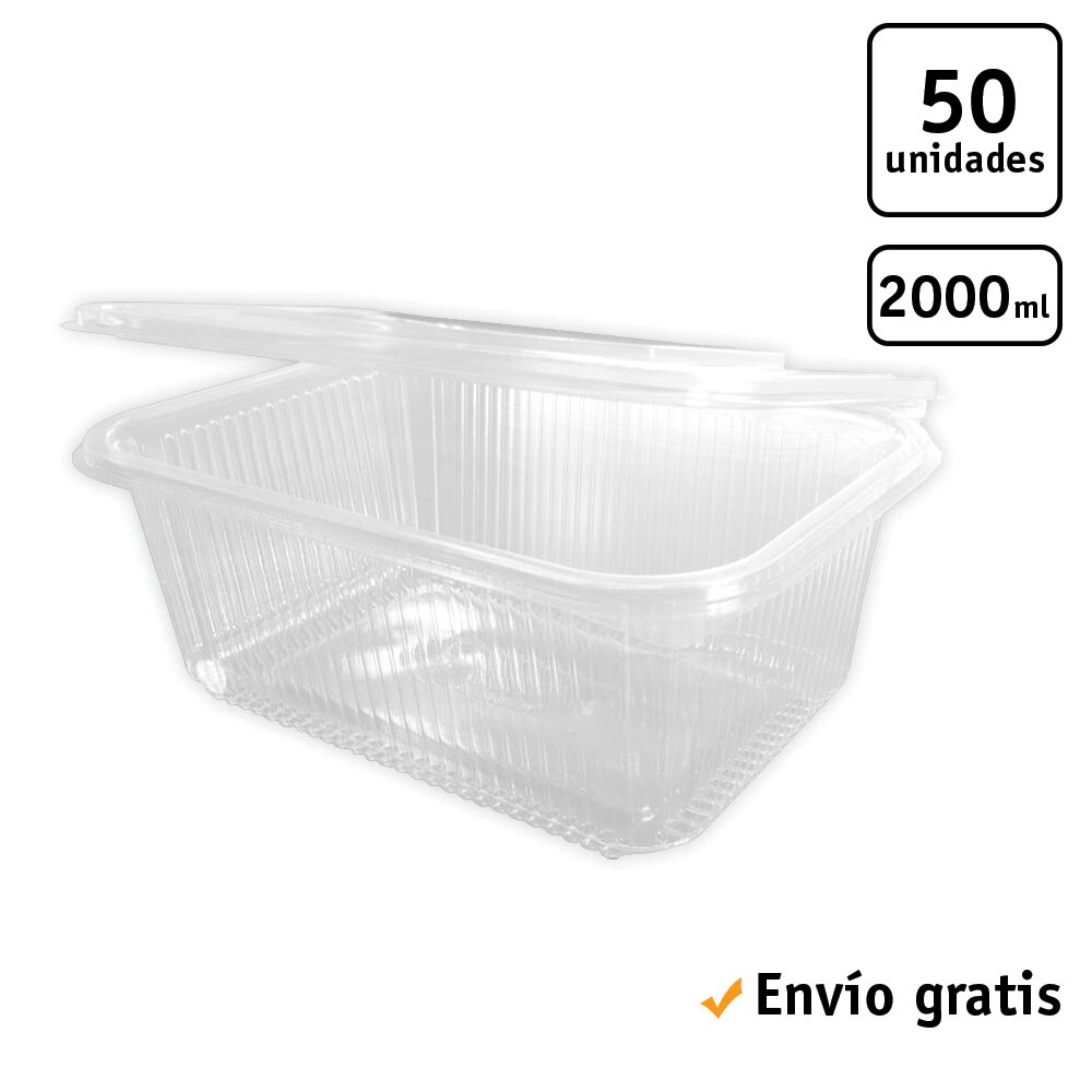 TELEVASO - Envase rectangular con tapa bisagra para comidas frías - Polietileno (PET) transparente, recipiente hermético: Envase Bisagra Rectangular 2000 ml (50 Uds)