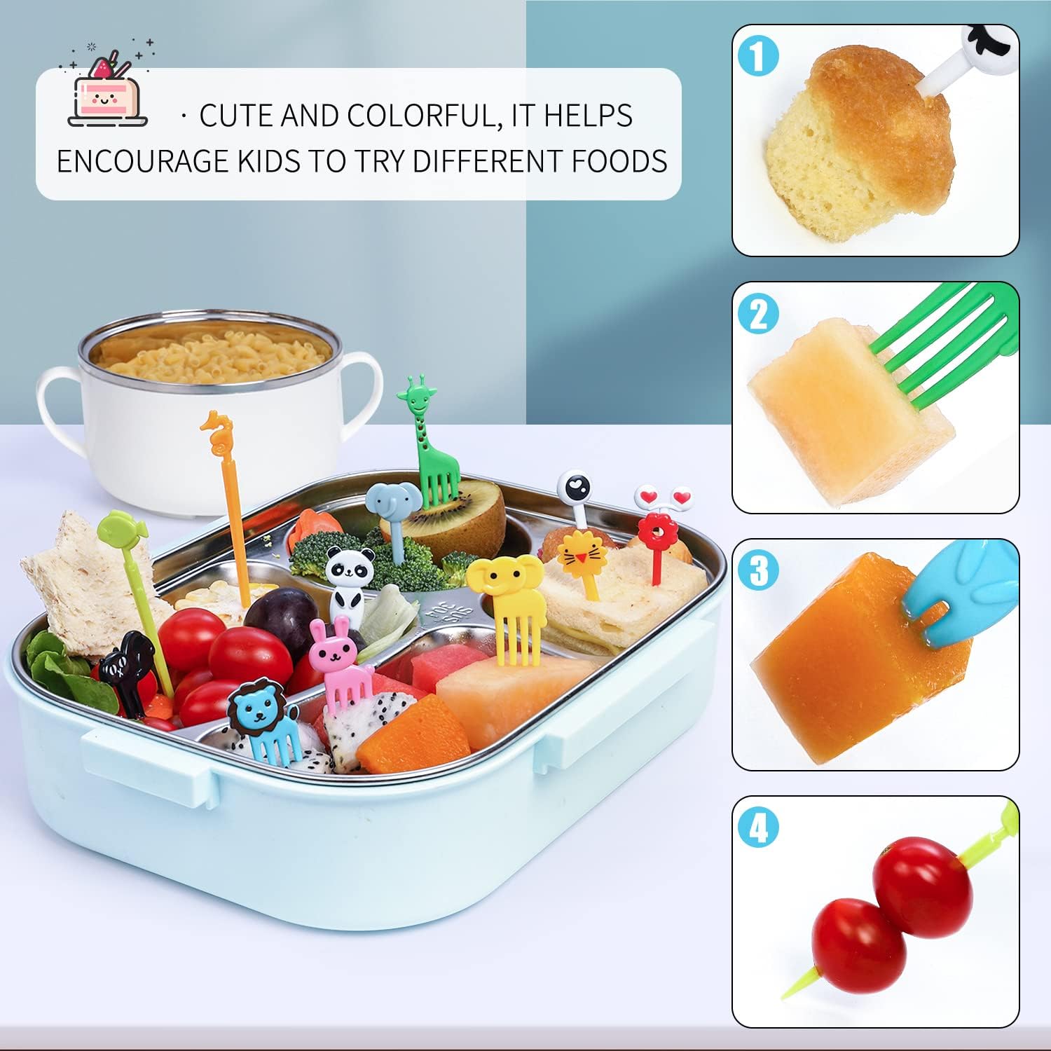 Mini selecciones de comida para niños, viñetas de animales para niños pequeños, aperitivos, pasteles, postres, comida, tenedores de fruta con cortador, divisores de fiambrera de silicona