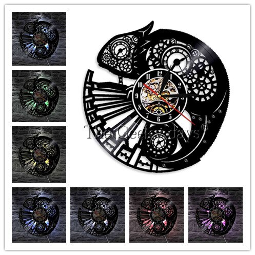 Caméléon 3D horloge murale Reptile exotique animal de compagnie vinyle Record horloge murale froid Tribal Gecko lézard Serpent Art mural décor maison horloges: Black / 12 Inch With LED