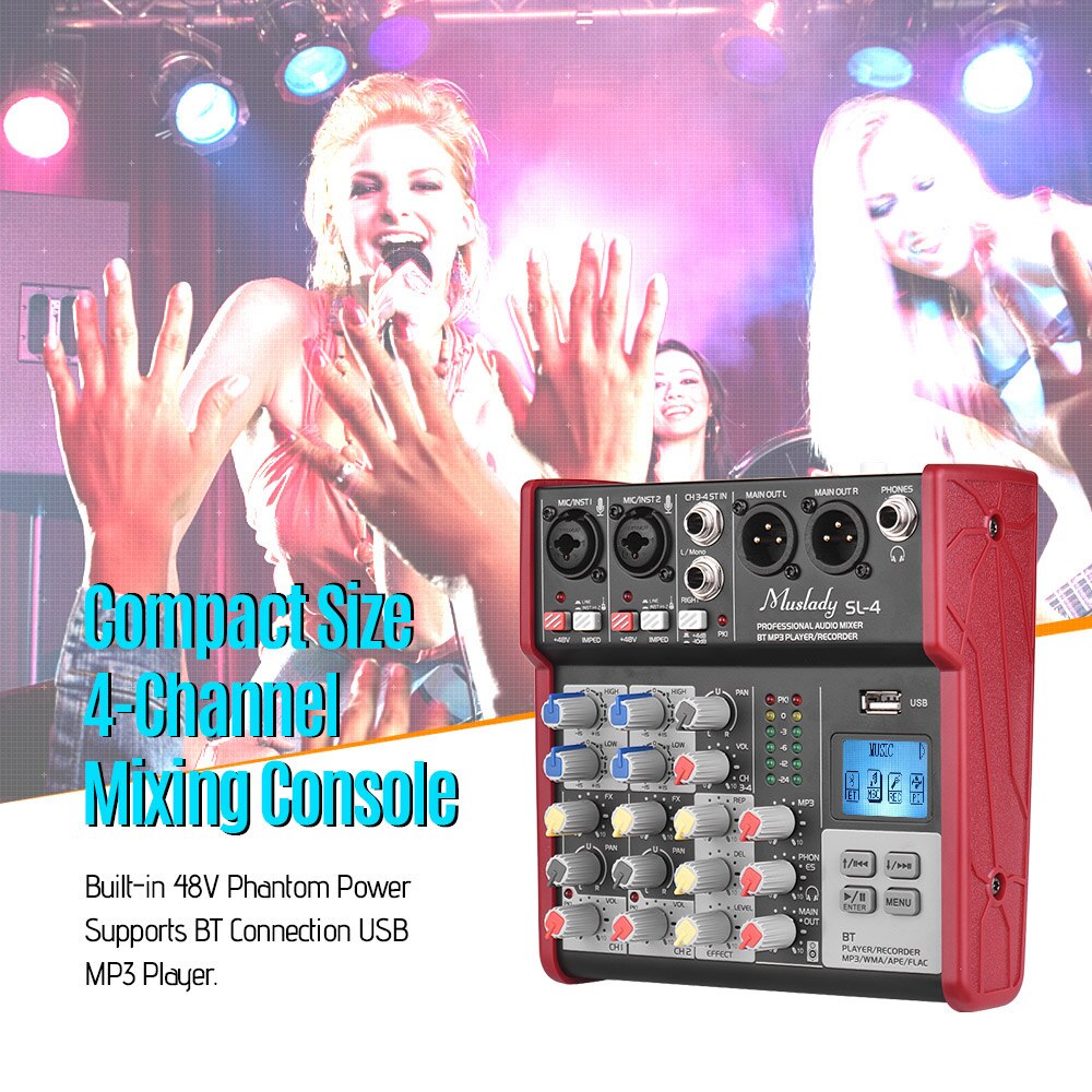 Muslady SL-4 Compact Size 4-Channel Mixing Console Mixer 2-band EQ Built-in 48V Phantom Power Supports BT Connection USB