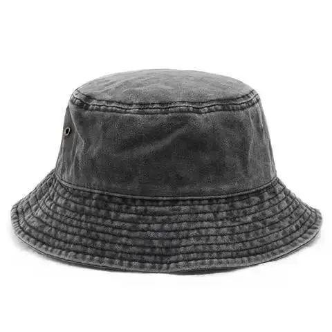 Kvinner retro denim vasket bøttehatt bomull sammenleggbar fiskerhatt menn utendørs solkrem fiske jakthatt strandhatt: Svart