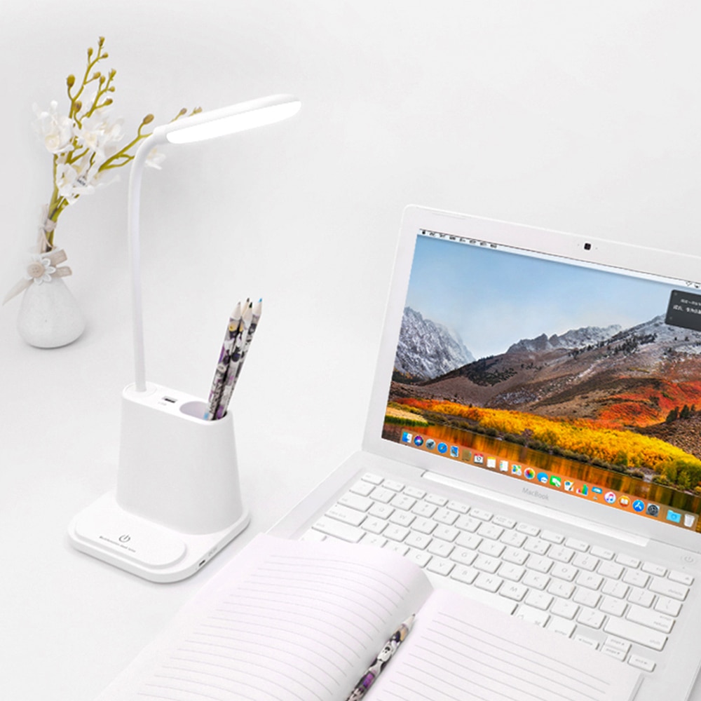 Lampe de bureau à led avec chargeur usb, veilleuse, réveil, thermomètre, calendrier, variateur à 3- niveaux, lampe de table avec porte-stylo et ventilateur