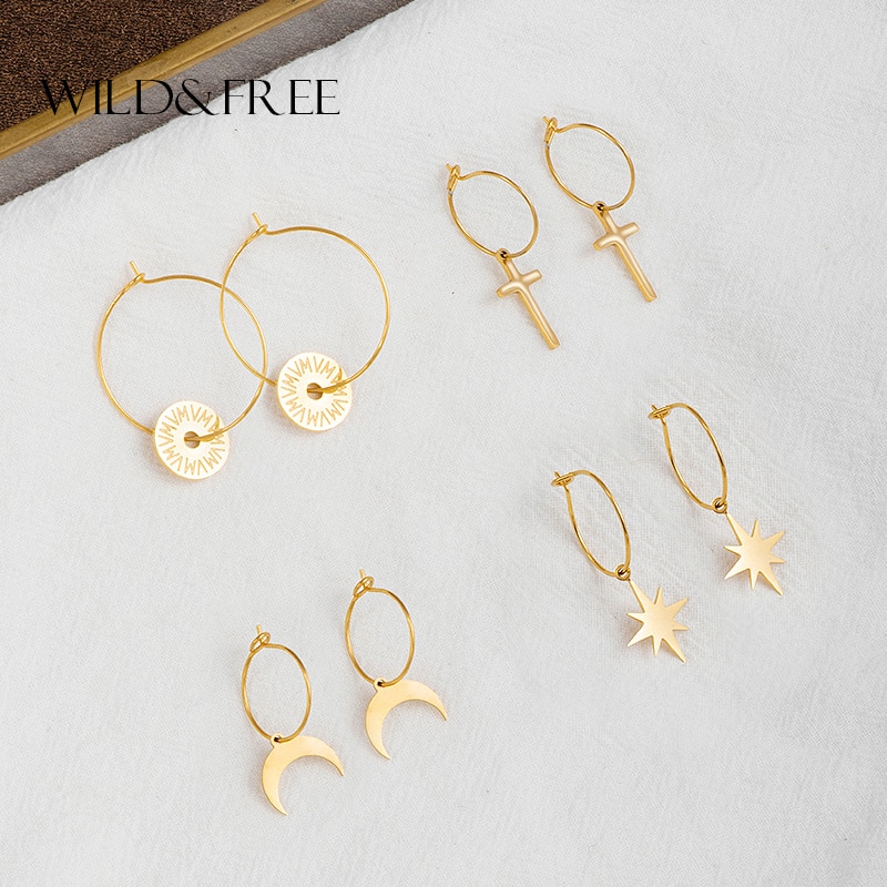 Wild&Free Stainless Steel Geometric Circle Hoop Earrings For Women Star Moon Cross Round Shape Huggie Thin Circles Hoops Earring