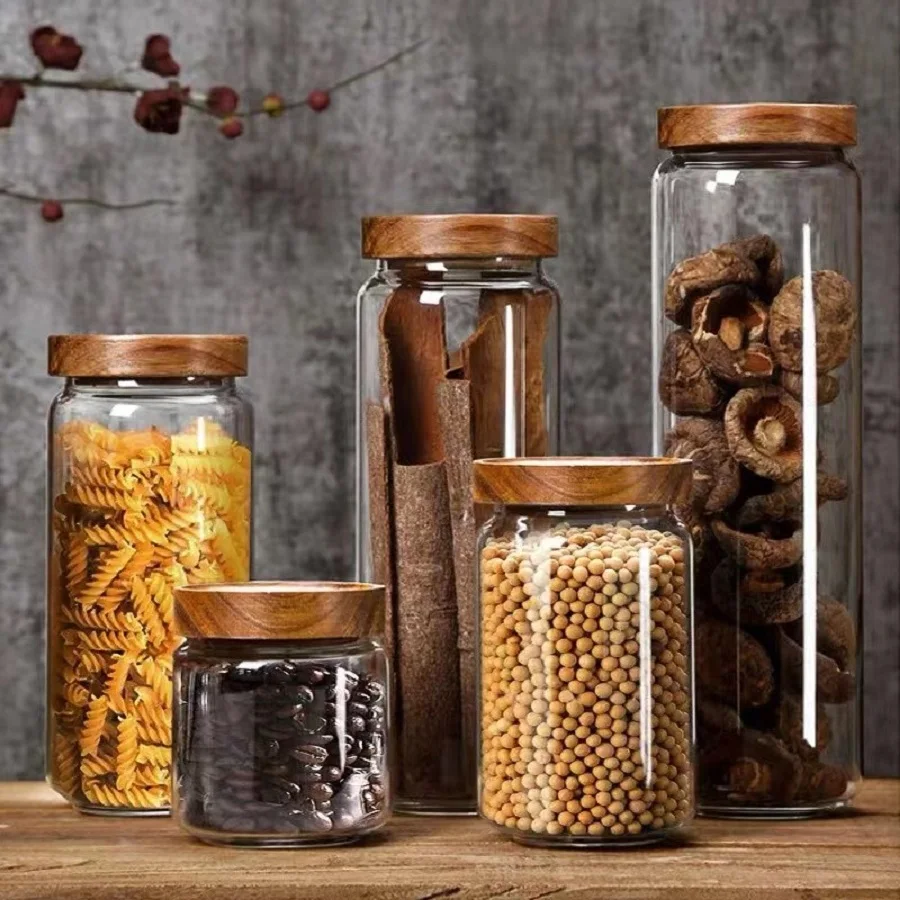 Kitchen Glass Storage Jars with Airtight Lids coffee container Wooden Lid Glass Pantry Canister for Beans Rice Sugar organizer