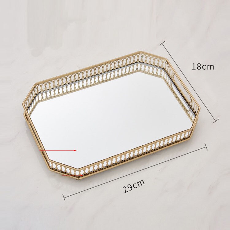 Bandejas doradas decorativas para almacenamiento de joyas, bandeja de vidrio con espejo Vintage, rectangular/redondo, plato de fruta, artículos pequeños de escritorio, placa de exhibición de joyería: Rectangle-M