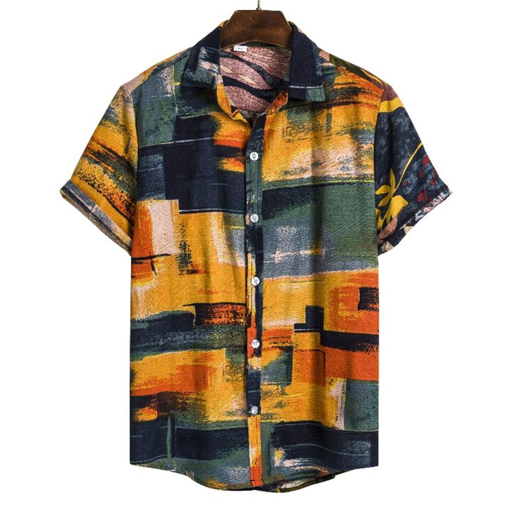 Summer Men's Shirts Linen Short Sleeve Turn-down Collar Vintage Print Beach Casual Shirts Streetwear Men Clothing