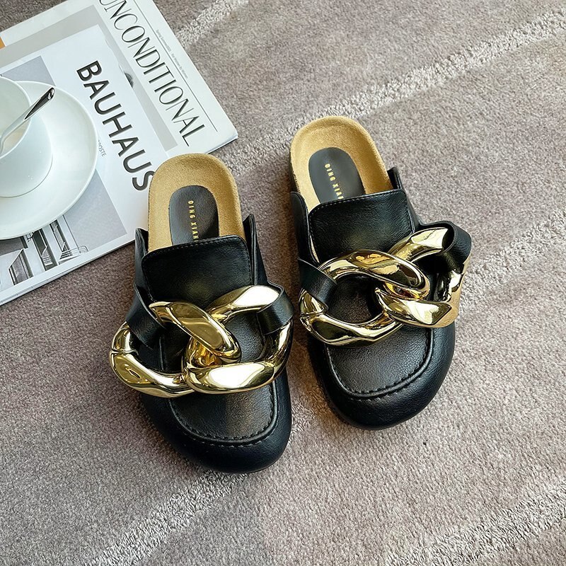Gold Chain Decor Round Toe Flat Mules Lazy Loafers Shoes Women's Outdoor Cozy Soft PU Leather Casual Slippers Female Shoes
