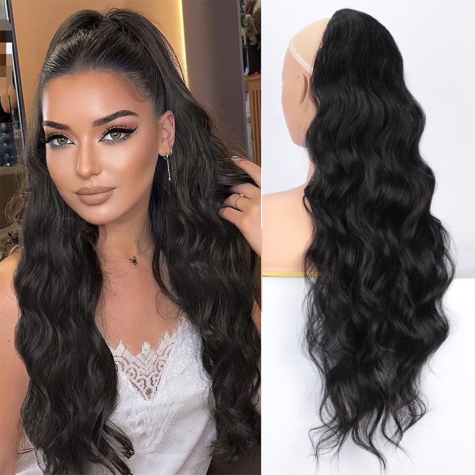 SUe EXQUISITE Synthetic Long Wavy Ponytail Hair for Black Women Gray/Black Synthetic Drawstring Ponytail Clip Hair Extension: black