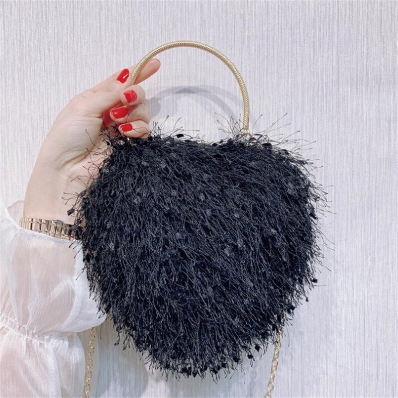 Lovely heart shaped evening clutch bags tassel wedding banquet purse for ladies party dinner wallets: black