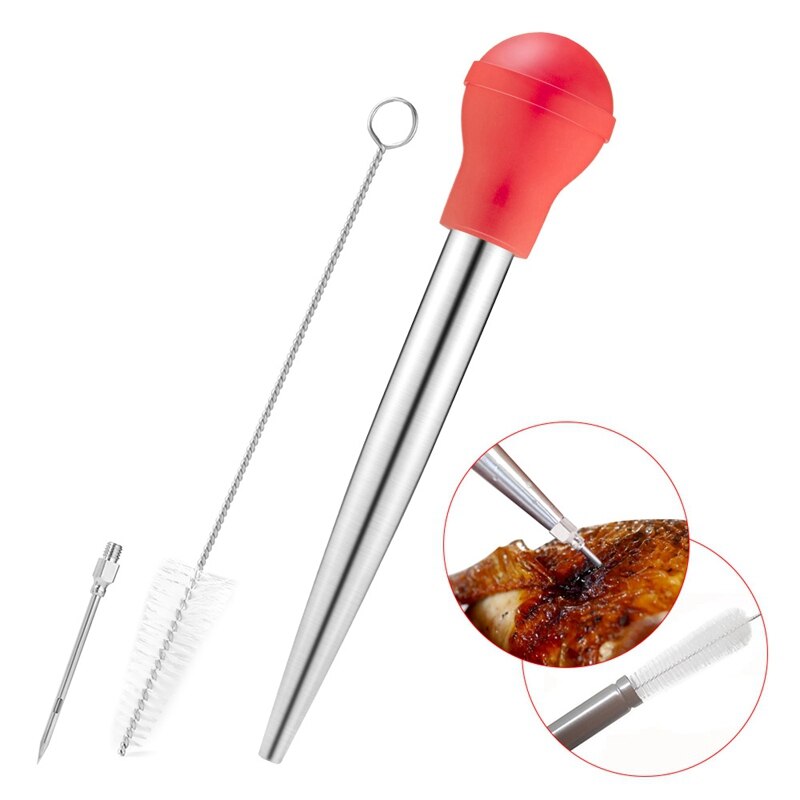Dinde ensemble de cuisson en acier inoxydable Baster injecteur aiguille nettoyage brosse Barbecue fournitures: Rouge