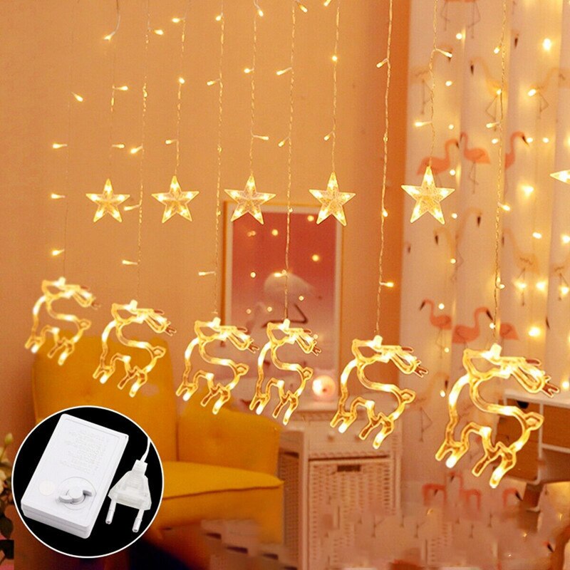 Cortina de luces LED con forma de ciervo, Estrella y Luna, guirnalda de luces de colores para Navidad, decoración de Año , para exteriores, hogar, boda, , 220V