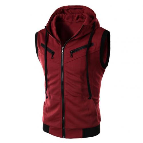 men's monochromatic hooded vest zipper pocket sleeveless vest jacket: Wine Red / M