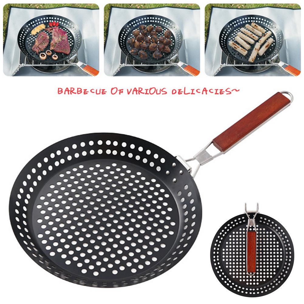 Folding Round Frying Pan Ultralight Grill Barbecue Tray With Folding Handle For Outdoor Cooking Camping Hiking Cooking Pots