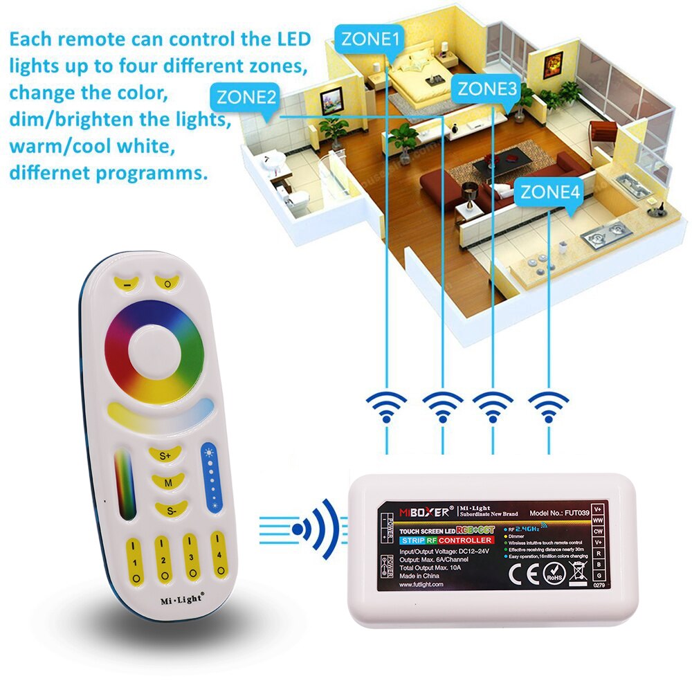 Milight RGBCCT LED Controller FUT039 + FUT092 2,4G Wireless 4-Zone RF Touch Remote + Miboxer WL-Box1 2,4 GHz Wifi Controller