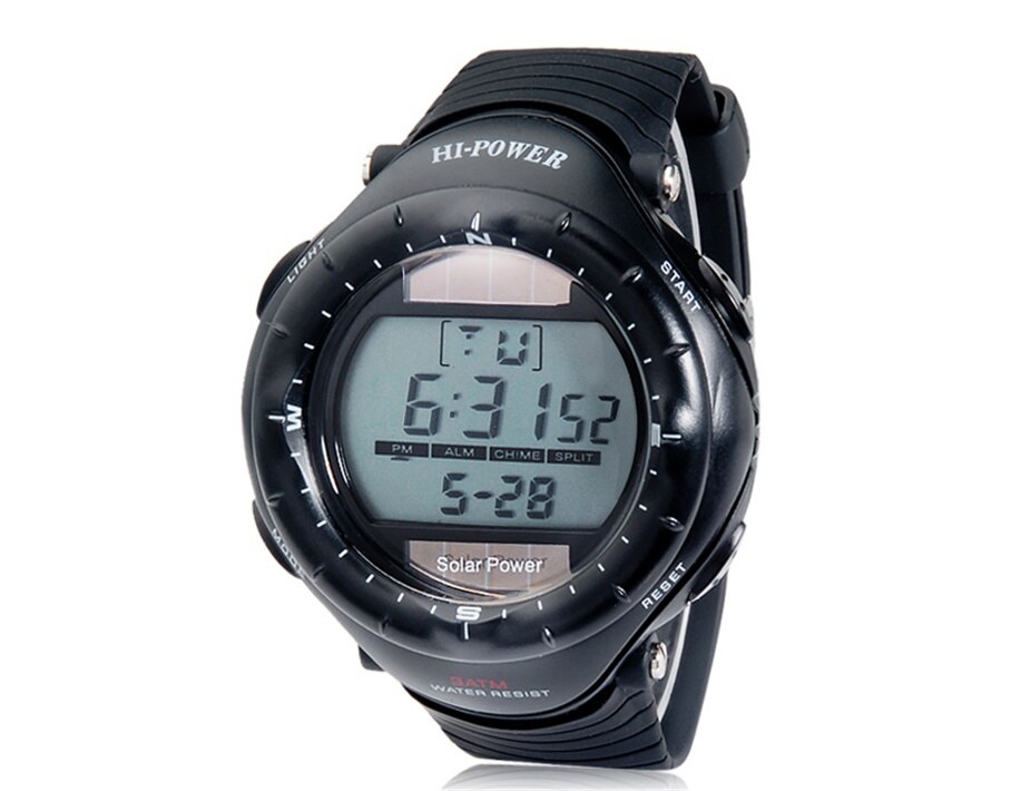 0405 Ronde Dial Digitale Waterdichte Duiken Solar Sporthorloge met Solar Beweging, Plastic Case, Rubber Strap & Backlight (Zwart)