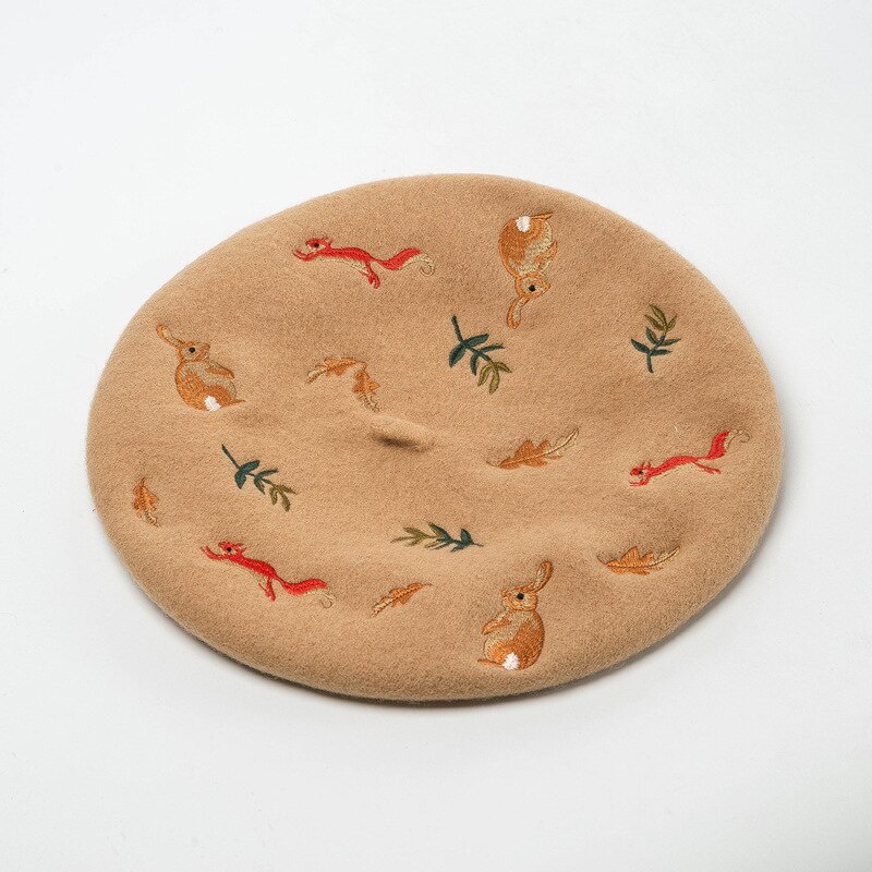 Boina bordada con hojas de ardilla y conejo Mori para mujer, gorro de lana de Cachemira, cálido, a la , para artista francés, Invierno