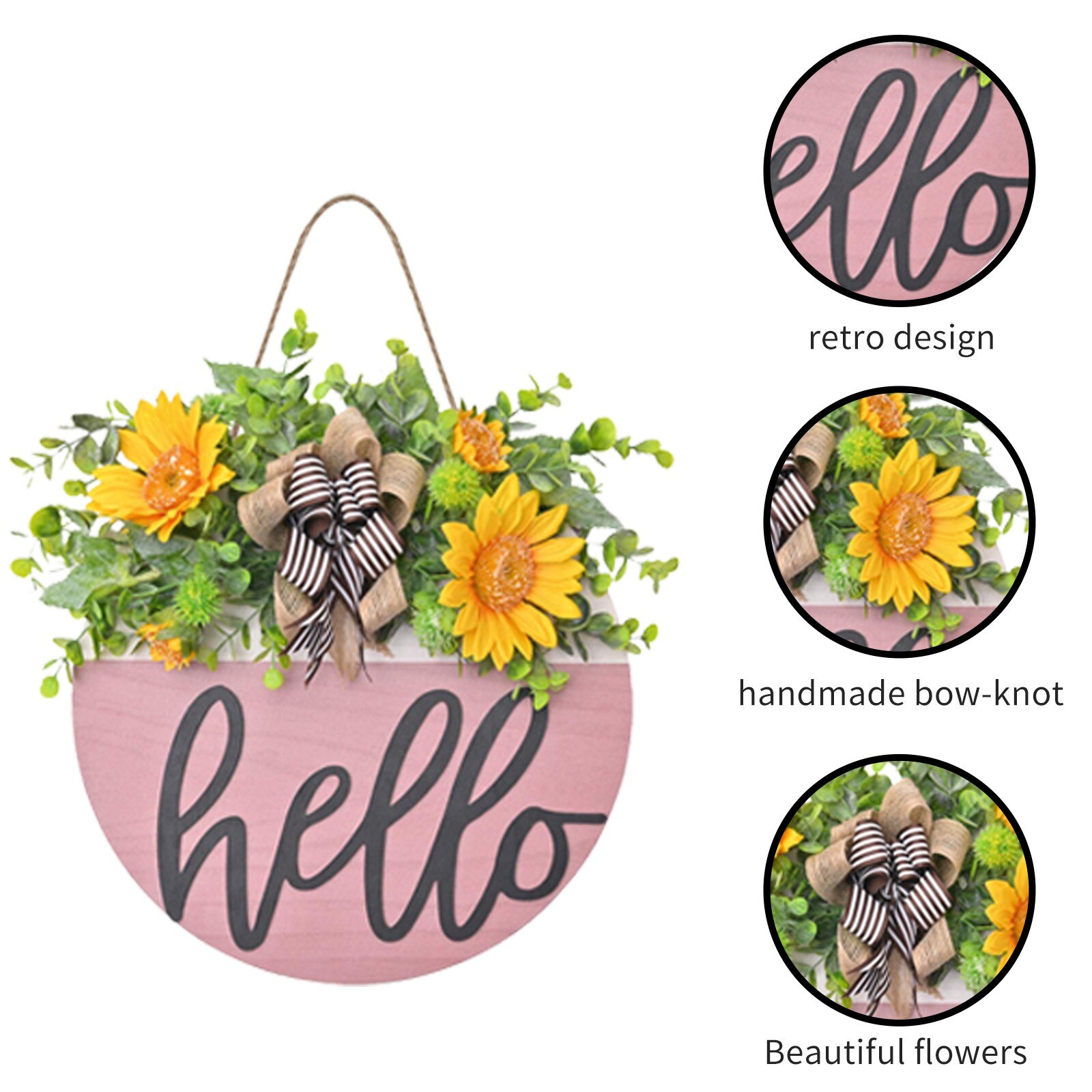 Signe de bienvenue pour porte de printemps en bois, Mini couronne de fleurs d'hortensia rose, décoration de maison, couronnes d'automne