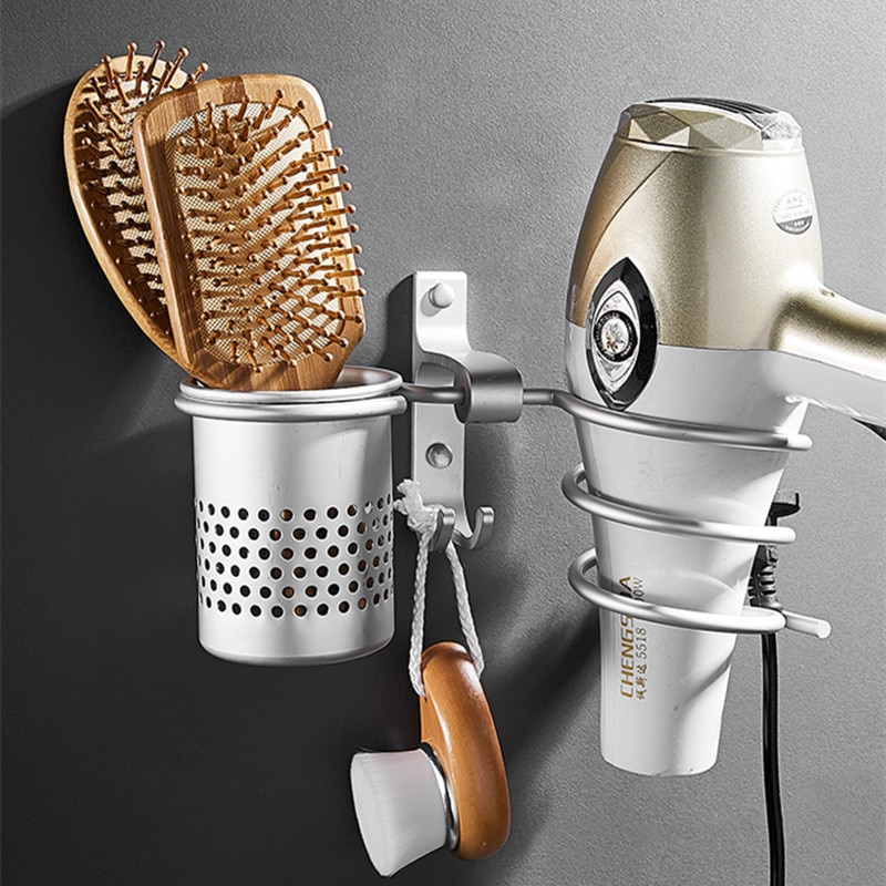 Hårtørrer holder vægmonteret badeværelse rack hylde organisator plads aluminium hårtørrer holder rack badeværelse tilbehør