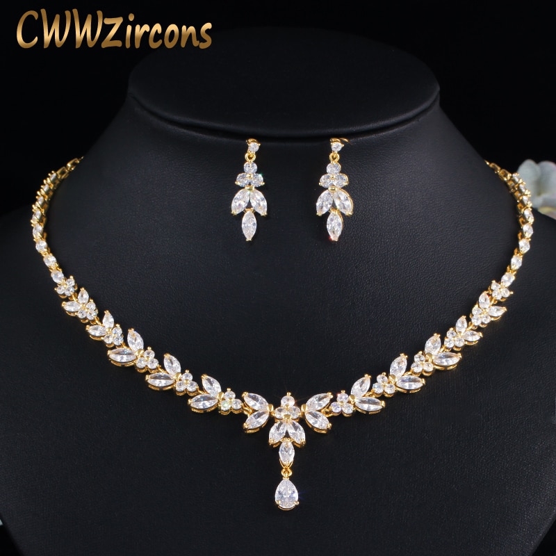 CWWZircons haut africain cubique zircone feuille goutte femmes fête collier de mariage ensemble de bijoux de mariée Dubai or couleur bijoux T442