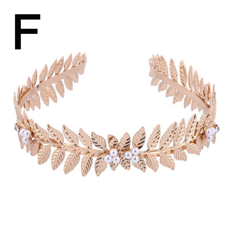 Bridal Hair Accessories Hair Bands Korean Gold Leaves Wreath Vintage Pearl Wedding Tiara Headband Women Girls Hair Crown: F