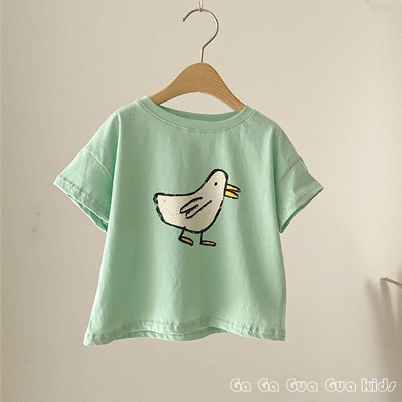 T-shirt à manches courtes pour bébé fille et garçon, en coton, doux, uni et mignon, avec dessin animé de canard, hauts: 018 green / 3T
