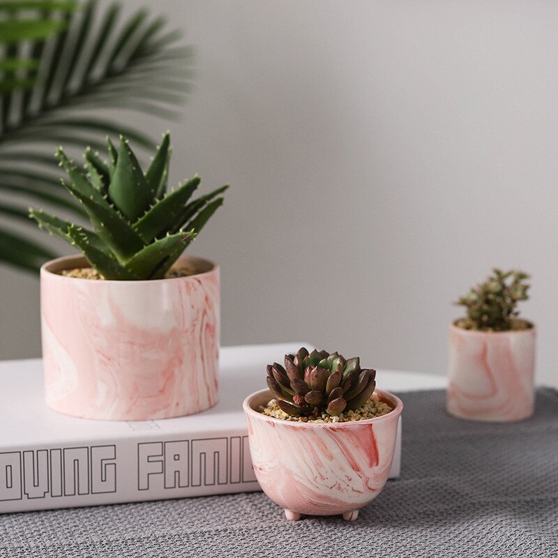 Nordic Style Ceramic Round Plant Pots Pink Marble Pattern Succulent Flowerpot with Hole Small Home Office Desktop Decor