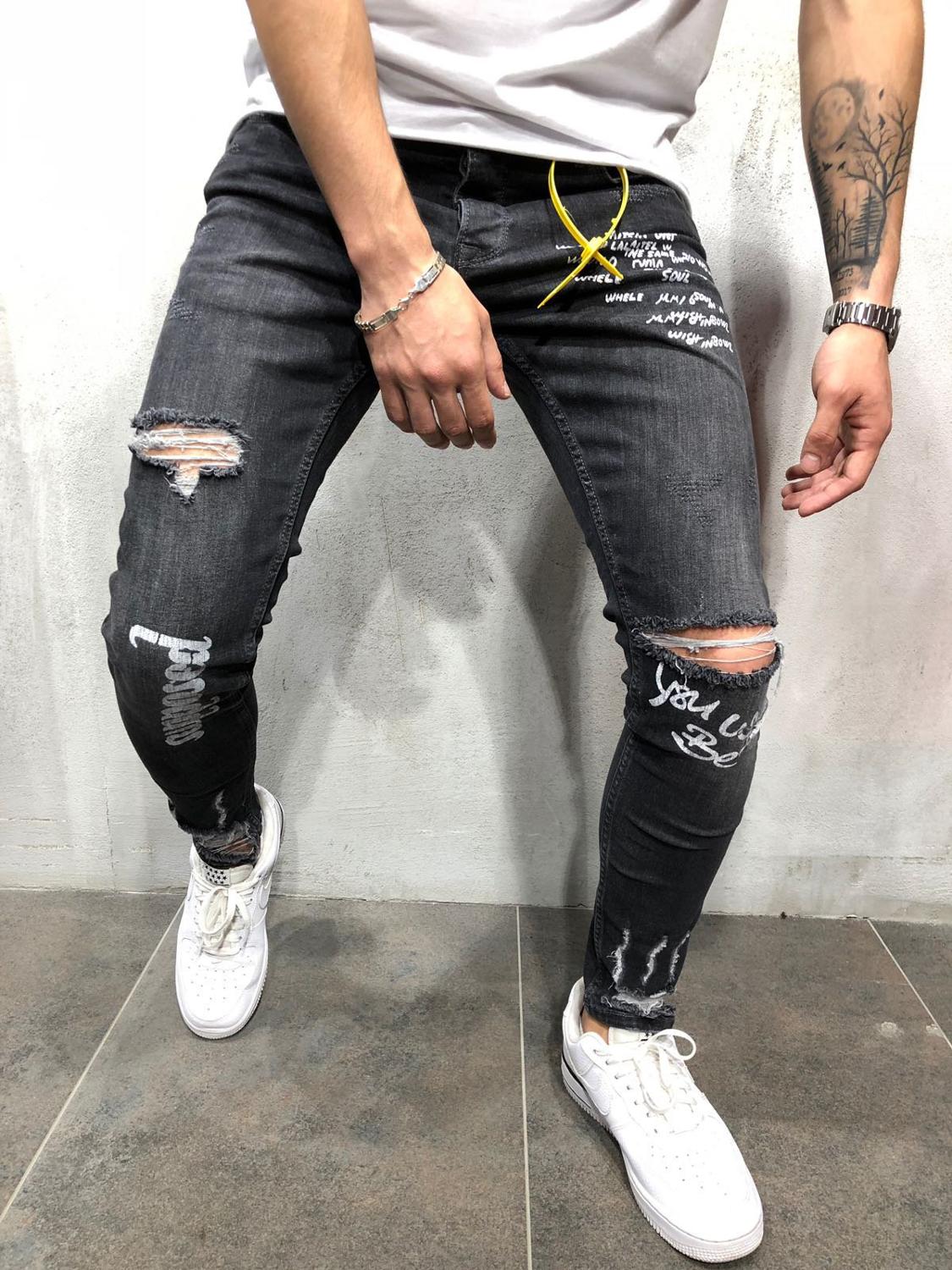 Hip-hop Men's Printed Letter Hole Jeans jeans