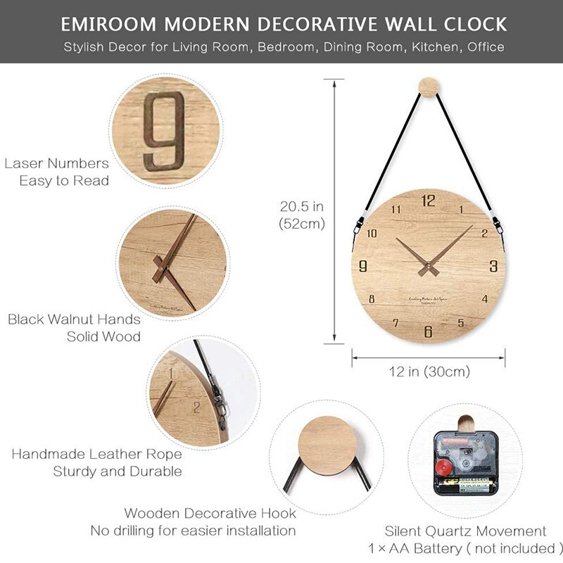 12 Inch Modern Wall Clock Battery Operated, Silent Non-Ticking Wooden Decorative Round Wall Clock, Digital Wall Clock